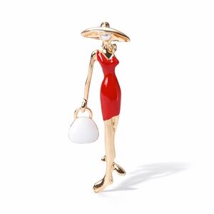 Elegant Red and Gold Woman Figure Brooch